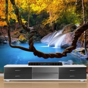 Autumn Waterfall Turquoise Pool Wallpaper | Serene Nature Wall Decor Nepal | Fall Wallpaper | Waterfall Mural | Turquoise Lake Wall Art | Autumn Forest Mural | Custom Mural Print Nepal | Custom Canvas Print Nepal