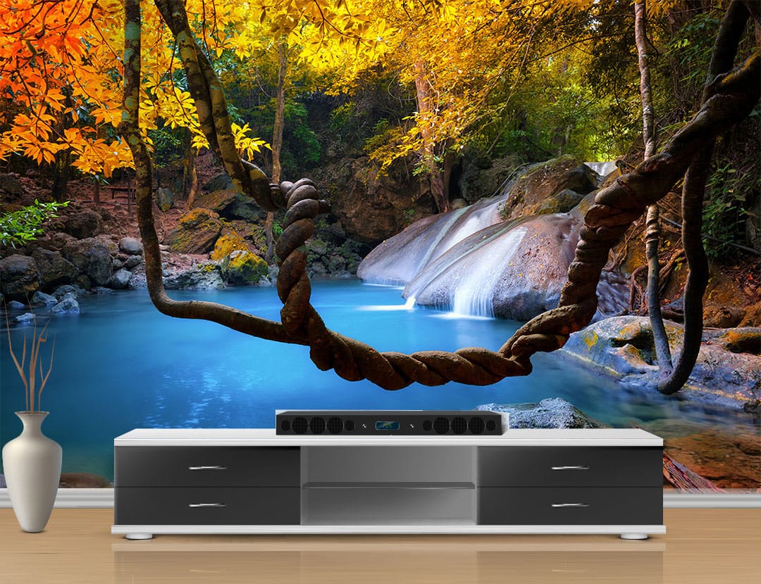 Autumn Waterfall Turquoise Pool Wallpaper Autumn Waterfall Turquoise Pool Wallpaper | Serene Nature Wall Decor Nepal | Fall Wallpaper | Waterfall Mural | Turquoise Lake Wall Art | Autumn Forest Mural | Custom Mural Print Nepal | Custom Canvas Print Nepal