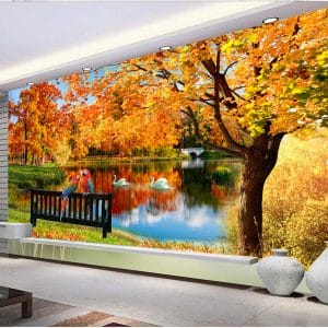 Autumn Lake Parrots Swans Wallpaper | Colorful Nature Wall Decor Nepal | Fall Wallpaper | Lake Mural | Swan Wall Art | Parrot Mural | Autumn Landscape | Custom Mural Print Nepal | Custom Canvas Print Nepal