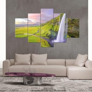 Coastal Waterfall Green Landscape Canvas Print | Nature Art | Waterfall Canvas | Coastal Plain | Green Cliffs | River | Soft Sky | Custom Canvas and Murals Print Nepal