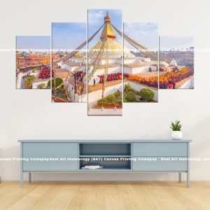 Boudhanath Stupa Multi Panel Canvas Art | Boudhanath | Stupa | Kathmandu | Nepal | Aerial View | Prayer Flags | Devotees | Cultural Art | Home Decor | Multi Panel Canvas Nepal | Custom Canvas Print Nepal | Wall Painting | wall art nepal