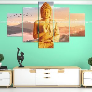 Golden Buddha Mountain Sunrise Canvas | Golden Buddha | Buddha | Mountain | Sunrise | Birds | Nature Art | Spiritual Art | Home Decor | Multi Panel Canvas Nepal | Custom Canvas Print Nepal | Wall Painting | wall art nepal