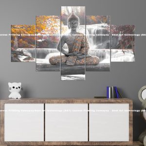 Peaceful Buddha Waterfall Orange Accents Canvas. Serene Buddha with subtle orange accents meditating by a flowing waterfall in a grayscale forest across five panels.