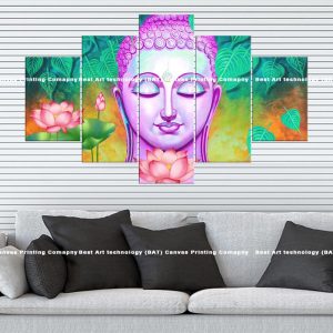 Purple Buddha Lotus Leaves Canvas | Purple Buddha | Buddha | Pink Lotus | Lotus | Tropical Leaves | Spiritual Art | Home Decor | Multi Panel Canvas Nepal | Custom Canvas Print Nepal | Wall Painting | wall art nepal