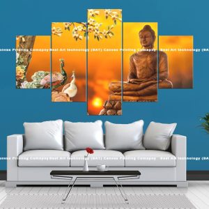 Buddha Peacock Floral Canvas | Buddha | Peacock | Flowers | Sunset | Nature Art | Spiritual Art | Home Decor | Multi Panel Canvas Nepal | Custom Canvas Print Nepal | Wall Painting | wall art nepal