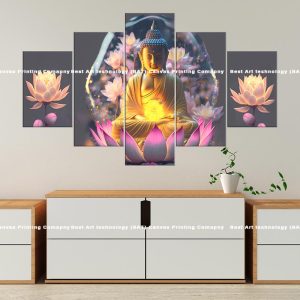 Golden Blue Buddha Lotus Canvas | Golden Buddha | Blue Hair | Lotus | Glowing | Spiritual Art | Home Decor | Multi Panel Canvas Nepal | Custom Canvas Print Nepal | Wall Painting | wall art nepal