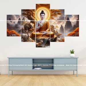 Golden Buddha Forest Animals Canvas | Golden Buddha | Buddha | Elephants | Deer | Forest | Mystical | Spiritual Art | Home Decor | Multi Panel Canvas Nepal | Custom Canvas Print Nepal | Wall Painting | wall art nepal