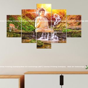Buddha Waterfall Deer Canvas | Buddha | Waterfall | Deer | Nature | Meditation | Spiritual Art | Home Decor | Multi Panel Canvas Nepal | Custom Canvas Print Nepal | Wall Painting | wall art nepal