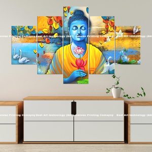 Blue Buddha Lotus Swans Canvas | Blue Buddha | Buddha | Pink Lotus | Lotus | Swans | Autumn Leaves | Lake | Spiritual Art | Home Decor | Multi Panel Canvas Nepal | Custom Canvas Print Nepal | Wall Painting | wall art nepal