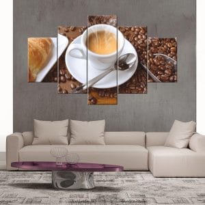Coffee Cup Croissant Beans Canvas Print | Coffee Canvas Art | Breakfast Decor | Coffee Cup | Steaming Coffee | Croissant | Pastry | Coffee Beans | Breakfast | Food and Beverage Art | Home Decor | Custom Canvas Print Nepal | Custom Murals Print Nepal