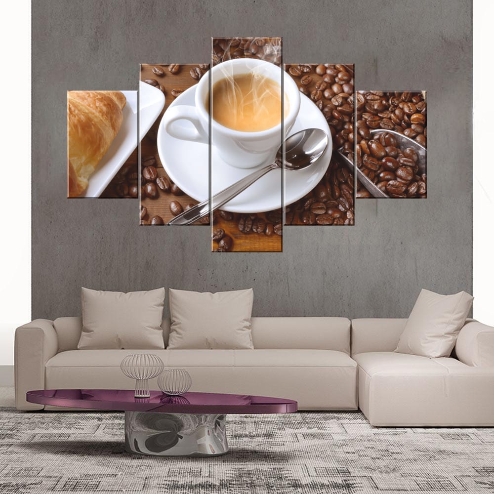 Coffee Cup Croissant Beans Canvas Print Coffee Cup Croissant Beans Canvas Print | Coffee Canvas Art | Breakfast Decor | Coffee Cup | Steaming Coffee | Croissant | Pastry | Coffee Beans | Breakfast | Food and Beverage Art | Home Decor | Custom Canvas Print Nepal | Custom Murals Print Nepal
