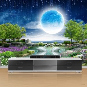 Moonlit Swan Lake Garden Mural Print | Enchanting Nature Wall Decor Nepal | Moonlight Wallpaper | Swan Lake Mural | Night Garden Wall Art | Starry Sky Mural | Custom Mural Print Nepal | Custom Canvas Print Nepal