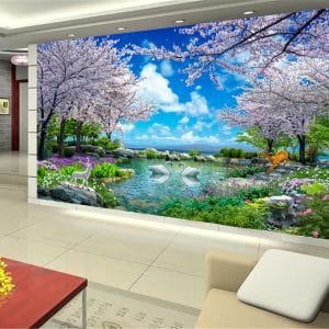 Cherry Blossom Swan Deer Lake Mural Print | Serene Nature Wall Decor Nepal | Blossom Wallpaper | Swan Mural | Deer Wall Art | Lake Mural | Custom Mural Print Nepal | Custom Canvas Print Nepal