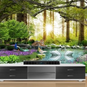 Enchanted Forest Wildlife Mural Print | Vibrant Nature Wall Decor Nepal | Tiger Wallpaper | Swan Mural | Peacock Wall Art | Floral Forest Mural | Custom Mural Print Nepal