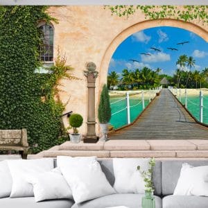 Tropical Pier Archway Mural Print | Exotic Nature Wall Decor Nepal | Beach Wallpaper | Pier Mural | Tropical Island Mural | Custom Mural Print Nepal