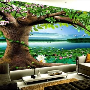 Blossoming Tree Lakeside Mural Print | Serene Nature Wall Decor Nepal | Blossom Wallpaper | Lake Mural | Tree Wall Art | Water Lily Mural | Custom Mural Print Nepal | Custom Canvas Print Nepal
