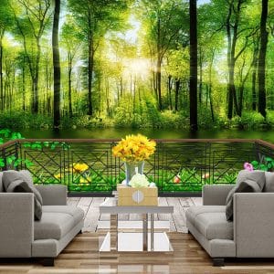 Sunlit Forest Lake Balcony Mural Print | Tranquil Nature Wall Decor Nepal | Lake View Wallpaper | Balcony Mural | Forest Wall Art | Floral Mural | Custom Mural Print Nepal | Custom Canvas Print Nepal