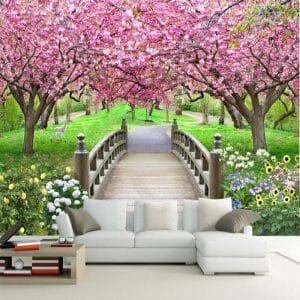 Cherry Blossom Bridge Meadow Mural Print | Enchanting Nature Wall Decor Nepal | Blossom Wallpaper | Bridge Mural | Wildflower Wall Art | Deer Mural | Custom Mural Print Nepal | Custom Canvas Print Nepal