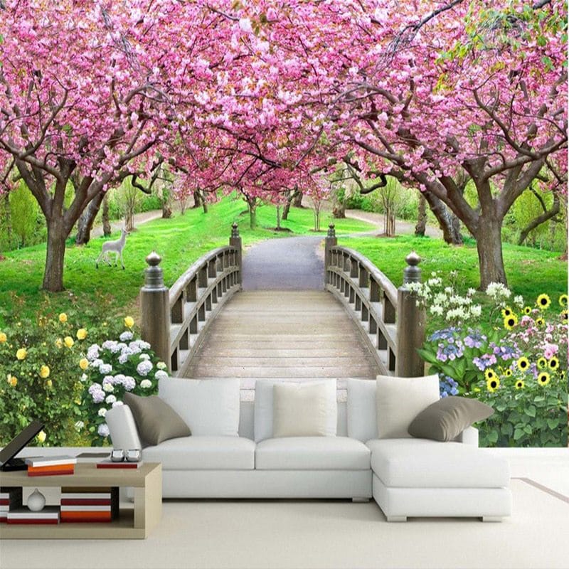 Cherry Blossom Bridge Meadow Mural Print Cherry Blossom Bridge Meadow Mural Print | Enchanting Nature Wall Decor Nepal | Blossom Wallpaper | Bridge Mural | Wildflower Wall Art | Deer Mural | Custom Mural Print Nepal | Custom Canvas Print Nepal