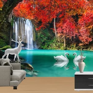 Autumn Waterfall Swan Deer Wallpaper | Enchanting Nature Wall Decor Nepal | Fall Wallpaper | Waterfall Mural | White Deer Wall Art | Swan Lake Wallpaper | Custom Mural Print Nepal | Custom Canvas Print Nepal