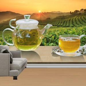 Tea Plantation Sunset Wallpaper | Serene Nature Wall Decor Nepal | Tea Field Wallpaper | Sunset Landscape Mural | Green Tea Art | Custom Mural Print Nepal | Custom Canvas Print Nepal