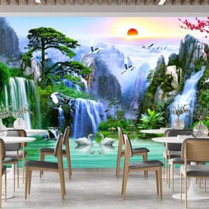 Majestic Waterfalls Sunrise Mural Print | Serene Nature Wall Decor Nepal | Waterfall Wallpaper | Sunrise Mural | Swan Lake Wall Art | Crane Mural | Custom Mural Print Nepal | Custom Canvas Print Nepal