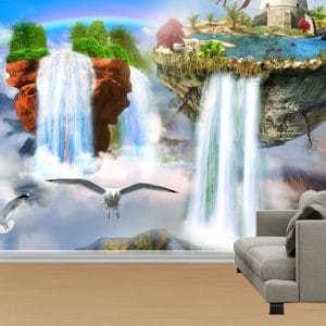 Floating Waterfall Islands Mural Print | Fantasy Nature Wall Decor Nepal | Floating Island Wallpaper | Waterfall Mural | Rainbow Wall Art | Seagull Mural | Custom Mural Print Nepal | Custom Canvas Print Nepal
