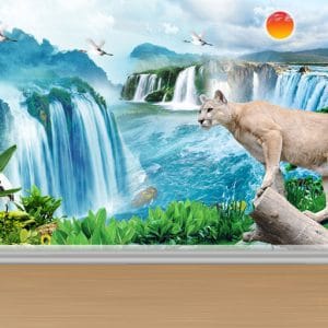 Majestic Waterfall Cougar Mural Print | Wild Nature Wall Decor Nepal | Waterfall Wallpaper | Cougar Wall Art | Crane Mural | Wildlife Mural | Custom Mural Print Nepal | Custom Canvas Print Nepal