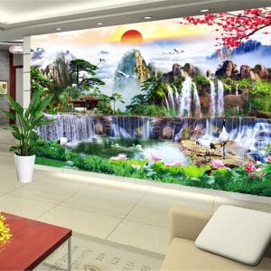 Sunrise Waterfalls Asian Landscape Wallpaper | Serene Nature Wall Decor Nepal | Waterfall Wallpaper | Sunrise Mural | Swan Lake Wall Art | Crane Mural | Asian Landscape | Custom Mural Print Nepal | Custom Canvas Print Nepal