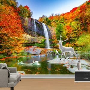 Autumn Waterfall Wildlife Mural Print | Vibrant Nature Wall Decor Nepal | Fall Foliage Wallpaper | Waterfall Mural | White Deer Wall Art | Swan Mural | Custom Mural Print Nepal | Custom Canvas Print Nepal