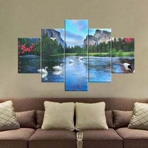 Mountain Lake Swans Canvas Print | Nature Art | Lake Canvas | Swans | Mountains | Greenery | Serene Scene | Custom Canvas and Murals Print Nepal