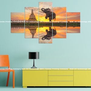 Elephant Temple Sunset Canvas Print | Elephant | Temple | Sunset | Reflection | Water | Spiritual Art | Animal Art | Home Decor | Custom Canvas Print Nepal | Custom Murals Print Nepal | Wallpaper Art