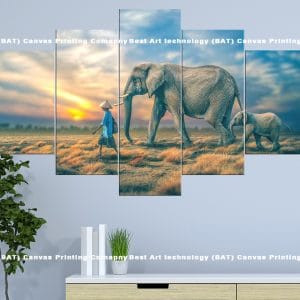 Elephant Family Sunrise Canvas Print | Elephant | Baby Elephant | Sunrise | Farmer | Wildlife | Animal Art | Home Decor | Custom Canvas Print Nepal | Custom Murals Print Nepal | Wallpaper Art
