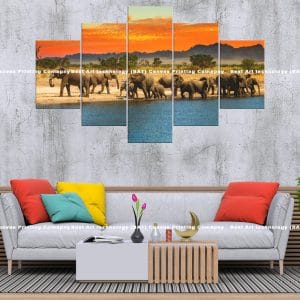 Elephant Herd Water Canvas Print | Elephant Herd | Water | Sunset | Africa | Wildlife | Animal Art | Home Decor | Custom Canvas Print Nepal | Custom Murals Print Nepal | Wallpaper Art