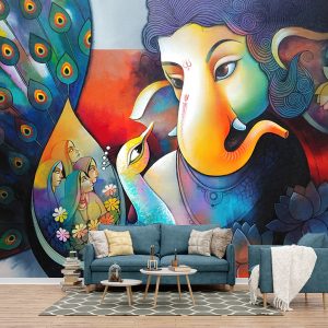 Lord Ganesha Peacock Devotees Mural | Ganesha Mural | Hindu Mural | Peacock Mural | Religious Mural | Spiritual Wallpaper | Vibrant Wall Art | Wall Mural Nepal | Custom Mural Nepal | Wallpaper Design Nepal | Stunning Mural print