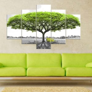 Green Tree Yellow Bench Canvas Print | Nature Art | Tree Canvas | Yellow Bench | Black and White Landscape | Contrast Art | Custom Canvas and Murals Print Nepal