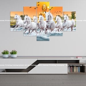 Buddha White Horses Canvas Print | Buddha | White Horses | Horses | Running | Water | Sunrise | Spiritual Art | Animal Art | Home Decor | Custom Canvas Print Nepal | Custom Murals Print Nepal | Wallpaper Art