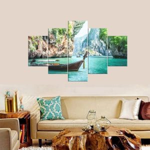 Tropical Boat Lagoon Canvas Print | Nature Art | Lagoon Canvas | Longtail Boat | Limestone Cliffs | Tropical Water | Paradise | Custom Canvas and Murals Print Nepal