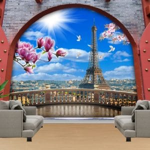 Eiffel Tower Spring Blossom Mural | Paris Wall Decor | Nature in City Mural | Custom Wallpaper | Wall Art | Romantic Mural