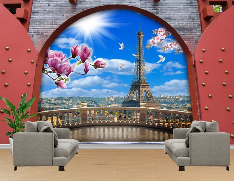Eiffel Tower Spring Blossom Mural Eiffel Tower Spring Blossom Mural | Paris Wall Decor | Nature in City Mural | Custom Wallpaper | Wall Art | Romantic Mural