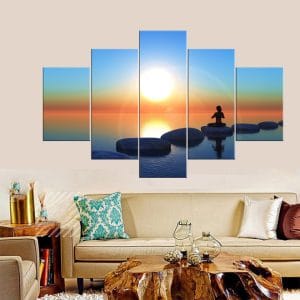 Meditating Figure Sunset Canvas Print | Spiritual Art | Meditation Canvas | Silhouette | Sunset Water | Peaceful Scene | Custom Canvas and Murals Print Nepal