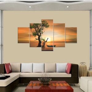 Realistic Sunset Seascape Canvas Print | Nature Art | Sunset | Seascape | Ocean | Tranquil | Tree | Boat | Realistic Painting | Home Decor | Custom Canvas Print Nepal | Custom Murals Print Nepal
