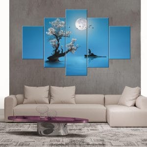 Serene Moonlight Lake Canvas Print | Nature Art | Moonlight | Full Moon | Lake | Tranquil | Blossoming Tree | Boat | Solitary Figure | Peaceful | Home Decor | Custom Canvas Print Nepal | Custom Murals Print Nepal