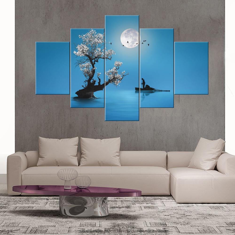 Serene Moonlight Lake Canvas Print Serene Moonlight Lake Canvas Print | Nature Art | Moonlight | Full Moon | Lake | Tranquil | Blossoming Tree | Boat | Solitary Figure | Peaceful | Home Decor | Custom Canvas Print Nepal | Custom Murals Print Nepal