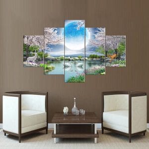 Moonlit Swans Deer Canvas Print | Nature Art | Swans Canvas | Deer | Moonlight | Cherry Blossoms | Lakeside Scene | Custom Canvas and Murals Print Nepal