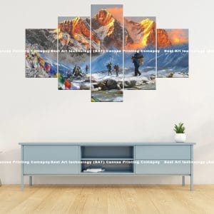 Prayer Flags Trek Nepal Canvas Print | Nepal Art | Trekkers | Prayer Flags | Himalayas | Sunrise | Mountain Trail | Culture | Home Decor | Custom Canvas Print Nepal | Custom Murals Print Nepal