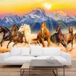 Wild Horses Mountain Sunset Mural Print | Animal Art | Horse Wallpaper | Galloping Horses | Mountain Landscape | Sunset | Custom Canvas and Murals Print Nepal