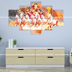 Ganesha White Horses Sunset Canvas Print | Ganesha Canvas Art | Hindu Art Decor | Ganesha | Hindu God | White Horses | Horses | Chariot | Sunset | Spiritual Art | Animal Art | Home Decor | Custom Canvas Print Nepal | Custom Murals Print Nepal | Wallpaper Art
