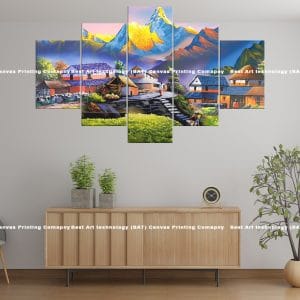 Colorful Nepal Village Canvas Print | Nepal Art | Nepali Village | Colorful Valley | Mountains | Bright Sky | Landscape | Home Decor | Custom Canvas Print Nepal | Custom Murals Print Nepal
