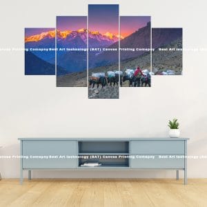 Himalayan Caravan Canvas Print | Nepal Art | Himalayan Caravan | Yaks | Porters | Mountain Pass | Himalayas | Dawn | Dusk | Home Decor | Custom Canvas Print Nepal | Custom Murals Print Nepal